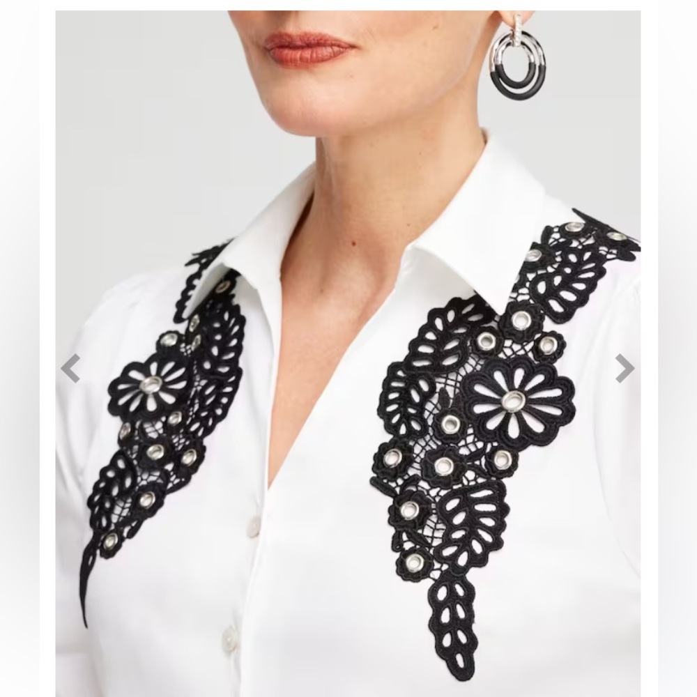 :: CHICO’S Poplin Black Lace on White Appliqué Blouse Dressy Shirt SOLD … - Picture 12 of 14